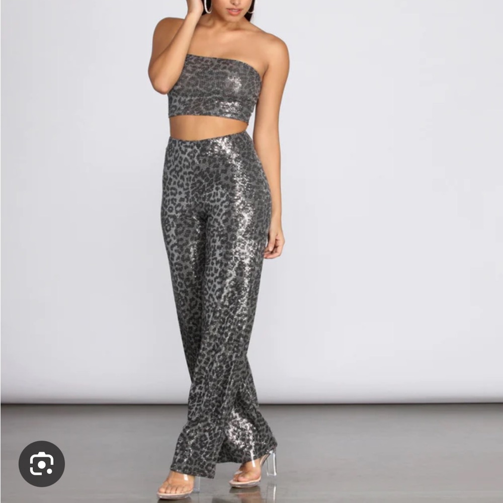Windsor Leopard Sequin Two Piece Wide Leg Pants & Top Set